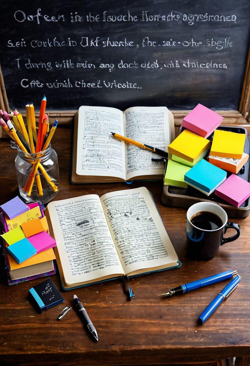 A beautifully arranged desk with an open vintage dictionary spilling with colorful sticky notes, surrounded by a fountain pen, ink bottle, and a steaming cup of coffee. In the background, a chalkboard with grammar rules and tips is visible. The lighting is warm and inviting, creating an atmosphere of creativity and inspiration. super-realistic. vibrant colors. cozy workspace.