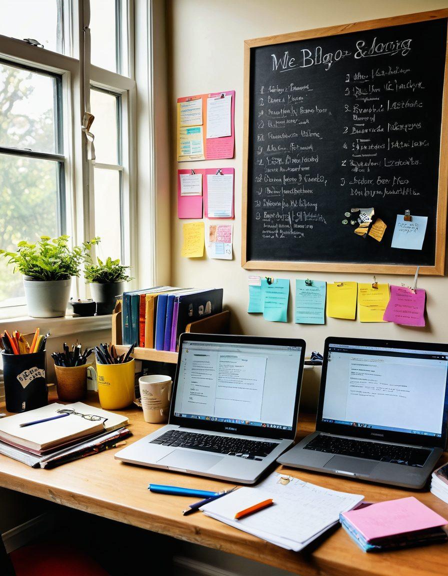 A vibrant workspace featuring a well-organized desk cluttered with Merriam-Webster dictionaries, notebooks filled with notes, and a laptop displaying a blog interface. Background elements include a chalkboard with words and definitions inscribed, and an inviting window with sunlight streaming in, creating a warm learning atmosphere. Artistic elements such as colorful sticky notes and a coffee cup add a cozy touch. super-realistic. vibrant colors. warm lighting.