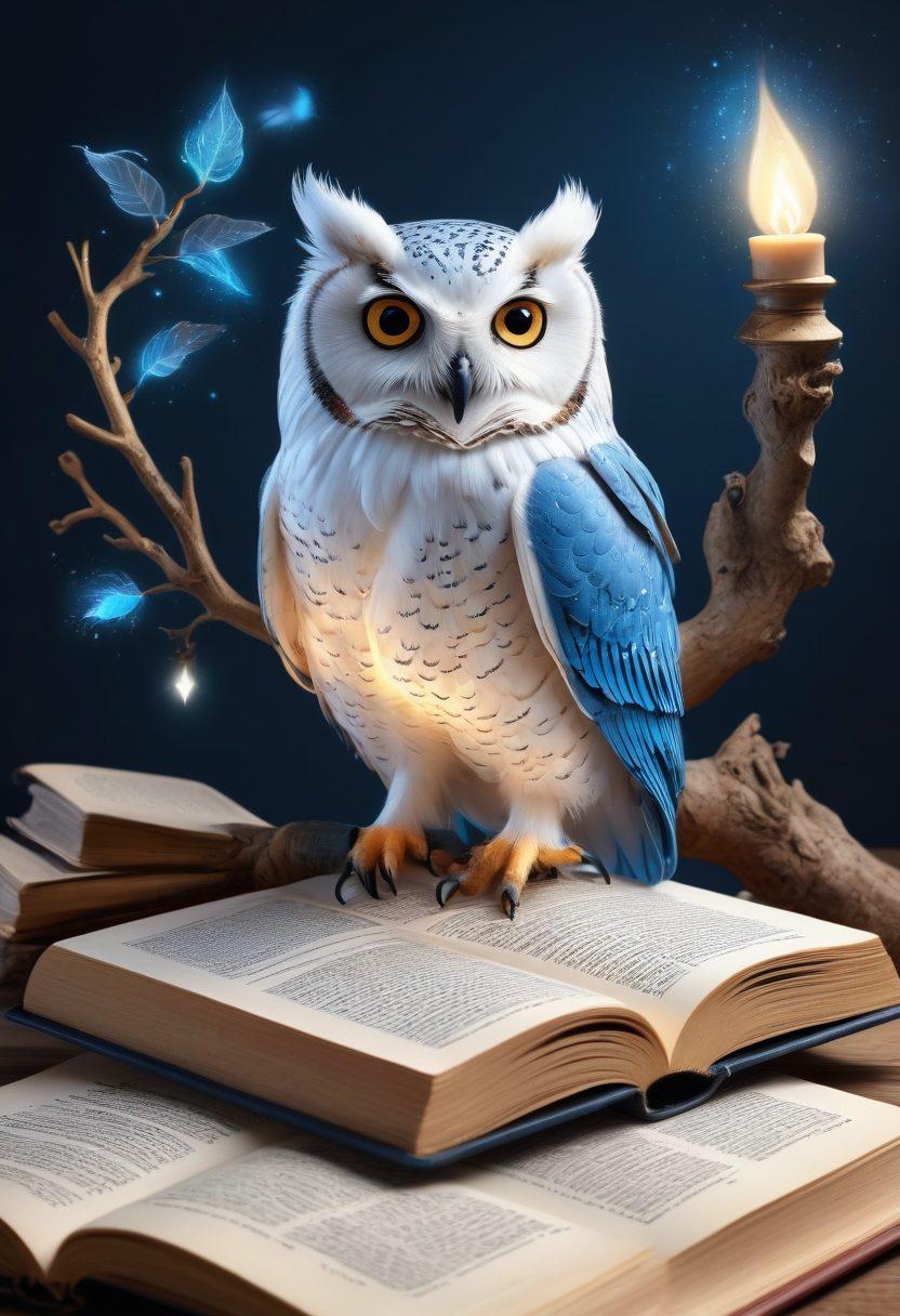 An open book with glowing pages, surrounded by various linguistic resources like dictionaries, thesauruses, and language learning apps. In the background, a wise owl perched on a branch symbolizing knowledge, while words and quotes float around like wisps of light. The color palette should include rich blues and golds to evoke wisdom and creativity. super-realistic. vibrant colors. white background.